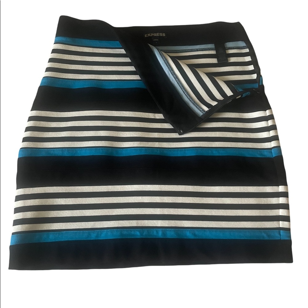 Express Bodycon Mini Skirt - Black, blue & white striped